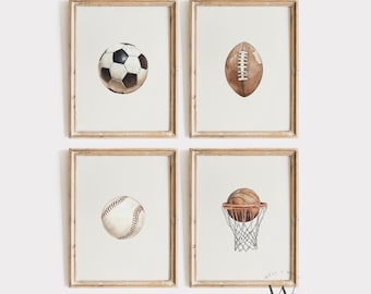 Juego de 4 láminas con motivos deportivos / Ilustración de estilo vintage / Béisbol, fútbol americano, fútbol, baloncesto / Láminas imprimibles para habitación infantil / PS159