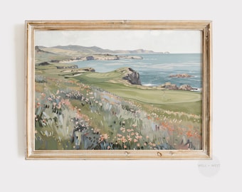 Golf Wall Art | Golf Course Oil Painting | Spring Wildflowers | Soft Muted Coastal Landscape | Printable Download | Golf Lover Gift | P015