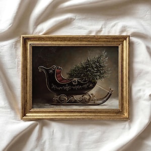 Christmas Wall Art | Moody Santa's Sleigh Print | Winter Holiday Printable Wall Art | Vintage Sleigh Painting | Dark Festive Decor | P390