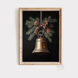 Christmas Bell Print | Vintage Style Brass Jingle Bell Wall Art | Moody Holiday Seasonal Printable Art | Neutral Winter Xmas Decor | P372