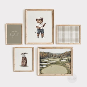 Juego de cinco impresiones de golf / Pinturas de golf de estilo vintage / Habitación infantil con ositos de peluche / Arte imprimible para habitación de niños / Sage Green Sports Gallery / PS131