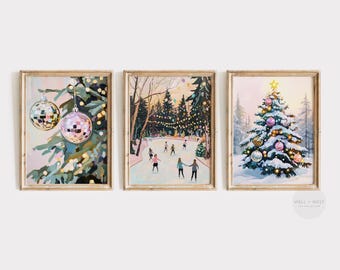 Pink Christmas Prints Set of 3 | Pastel Holiday Winter Wall Art | Disco Ball Ornaments Christmas Tree | Printable Pink Festive Art | PS120