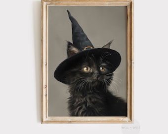 Black Cat Print | Halloween Witch Hat Art | Vintage Style Oil Painting | Moody Fall Decor | Dark Autumn Farmhouse Printable Art | P223