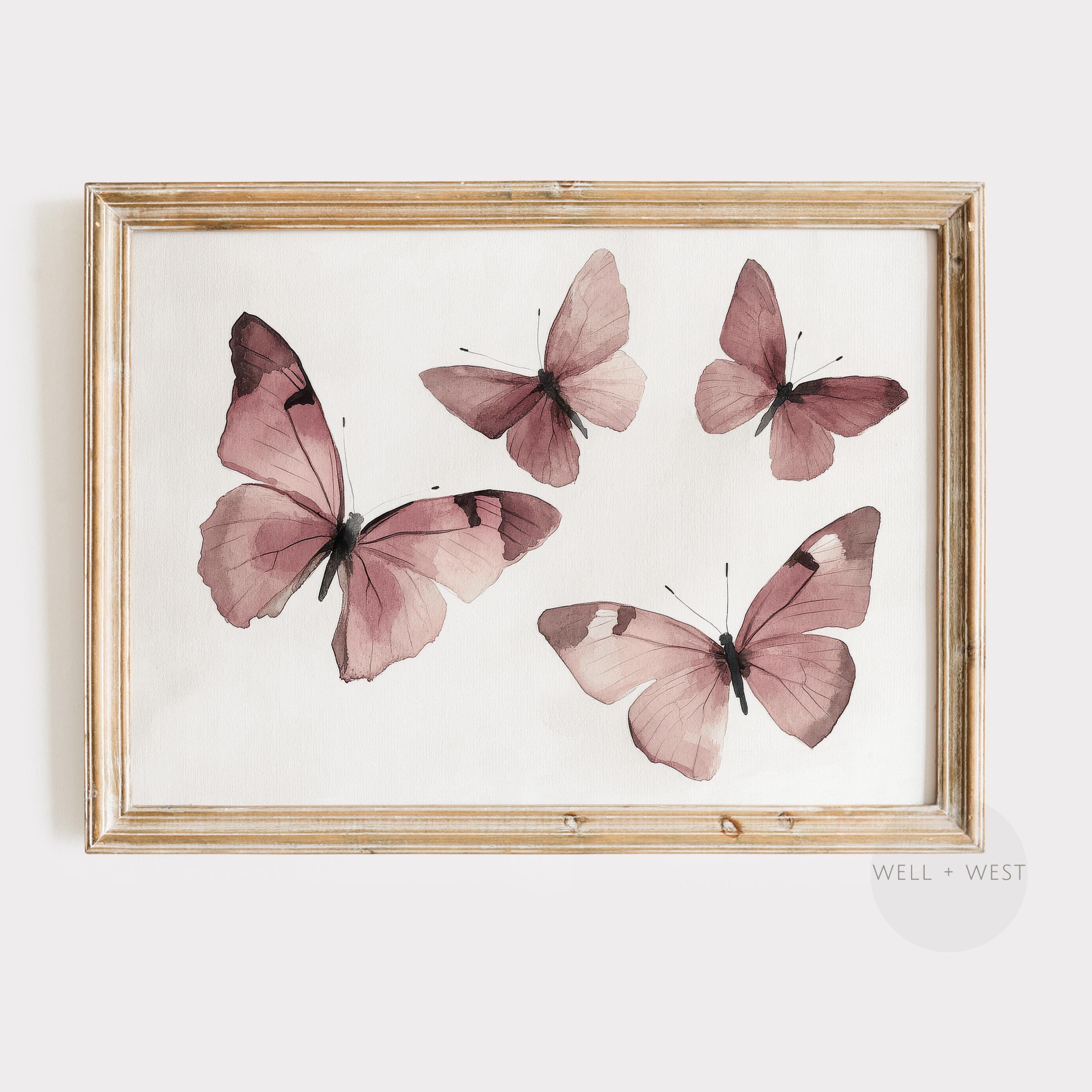 Vlinderprint | Aquarel roze vlinders schilderij | Bourgondisch coquettekunstwerk | Afdrukbare muurkunst | Kinderkamerdecoratie meisjeskamer | P012