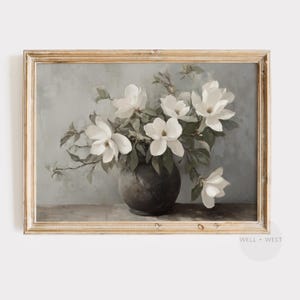 Printable White Floral Art | Rustic Vase of Flowers Painting | Cottagecore Decor | Neutral Spring Botanical | Vintage Style Farmhouse | P506