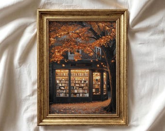 Autumn Bookstore Print | Moody Rustic Art | Cozy Fall Book Shop Printable Art | Thanksgiving Decor | Book Lover | Dark Aesthetic Art | P358