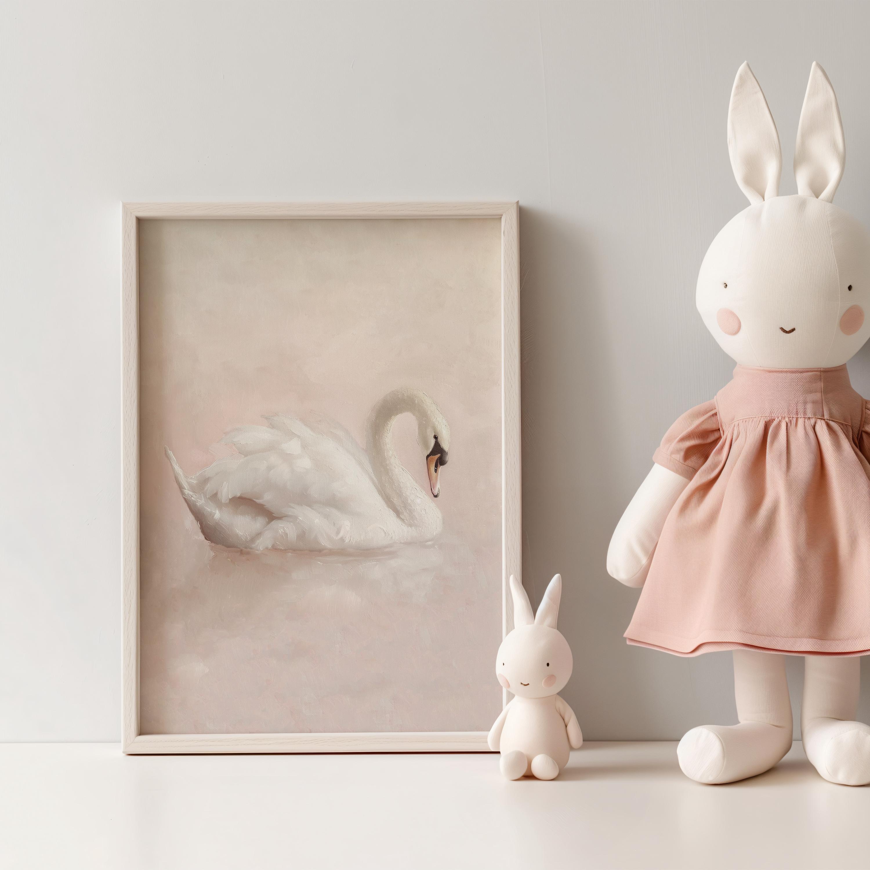 White Swan Art Print | Soft Muted Swan Painting | Light Pastel Pink ...