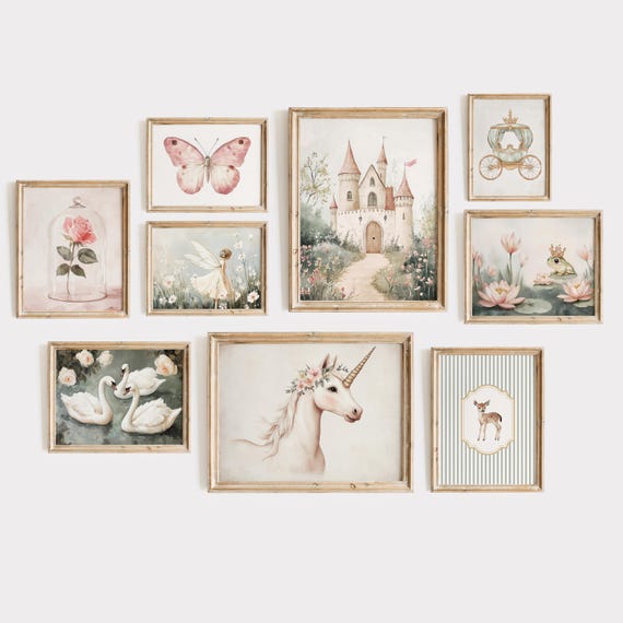 Fairytale Set of Nine Prints | Vintage Style Girls Nursery | Pastel Pink Butterfly | Sage Green Swan | Unicorn Princess Castle Decor | PS156