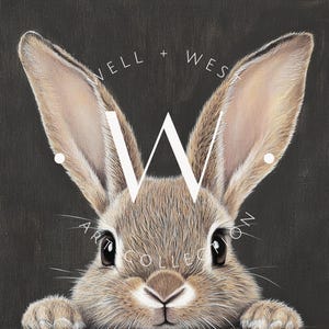 May include: A close-up of a brown rabbit with large ears peeking over a black background. The rabbit's nose and whiskers are visible. The text "WELL + WEST ART COLLECTION" is written in white around the rabbit's head.