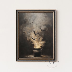 May include: A framed artwork shows a cauldron with smoke and bats. The cauldron is dark and sits on a dark surface. Smoke billows upwards, with several bats flying out of the smoke. The artwork has a dark, moody colour palette.