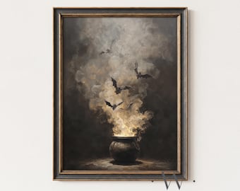 Witches Cauldron Print | Vintage Style Bats Painting | Dark Moody Halloween Painting | Haunted Spooky Decor | Gothic Printable Art | P761