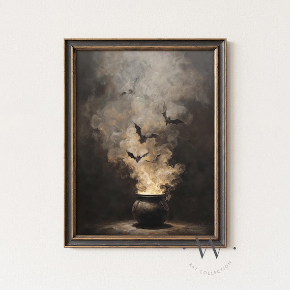 Witches Cauldron Print | Vintage Style Bats Painting | Dark Moody Halloween Painting | Haunted Spooky Decor | Gothic Printable Art | P761