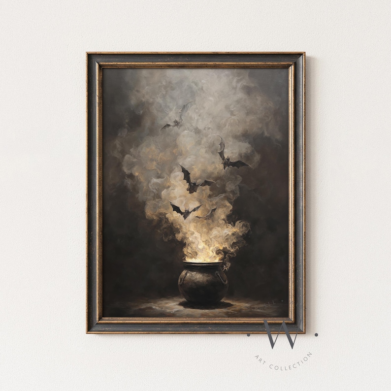 May include: A framed artwork shows a cauldron with smoke and bats. The cauldron is dark and sits on a dark surface. Smoke billows upwards, with several bats flying out of the smoke. The artwork has a dark, moody colour palette.