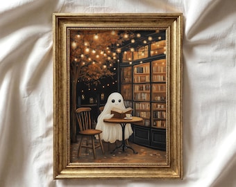 Cute Ghost Reading Print | Moody Bookstore Art | Cozy Cafe Fall Printable Art | Halloween Decor | Book Lover | Dark Aesthetic Art | P655