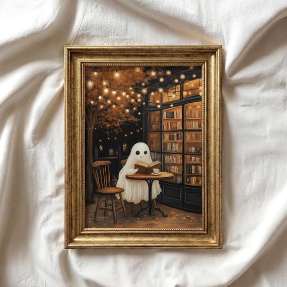 Cute Ghost Reading Print | Moody Bookstore Art | Cozy Cafe Fall Printable Art | Halloween Decor | Book Lover | Dark Aesthetic Art | P655