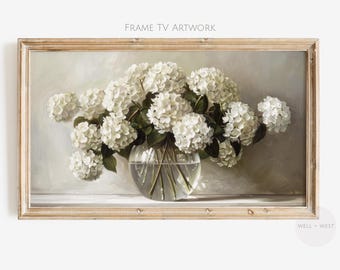 White Hydrangeas Frame TV Art | Vintage Style Floral Painting | Neutral Flower TV Artwork | Spring Still Life | Summer Cottage Decor | TV127