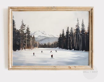 Stampa di giocatori di hockey / Dipinto di pattinaggio all'aperto in stile vintage / Stampa artistica per la cameretta dei ragazzi / Decorazione sportiva per ufficio / Arte per la cameretta a tema hockey / P557