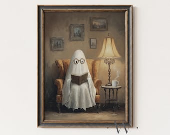 Ghost Reading Book Print | Vintage Library Painting | Halloween Printable Wall Art | Spooky Dark Academia | Reading Glasses Decor | P759