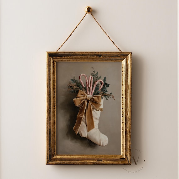 Christmas Stocking with Candy Canes Art Print: Neutral Vintage Style Holiday Printable, Festive Gold Bow (Digital Download)