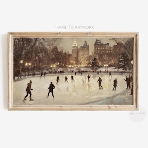 May include: A painting of a winter scene in a city park.  People are ice skating on a frozen pond in front of a cityscape.  The buildings are lit up with lights and there are trees in the background.