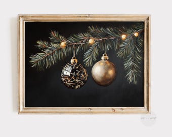 Gold Christmas Ornaments Print | Vintage Style Festive Wall Art | Moody Holiday Printable Art | Neutral Winter Christmas Tree Print | P376