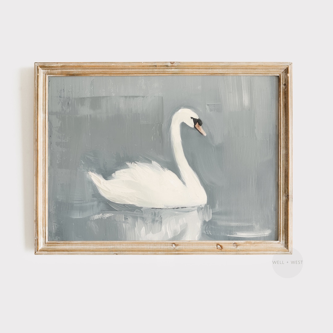 White Swan Art Print | Rustic Vintage Style Painting | Muted Blue ...