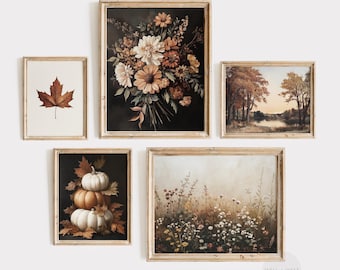 Moody Fall Set of Five Prints | Autumn Gallery Paintings | Vintage Style Dark Academia | Fall Landscape Prints | Thanksgiving Decor | PS19