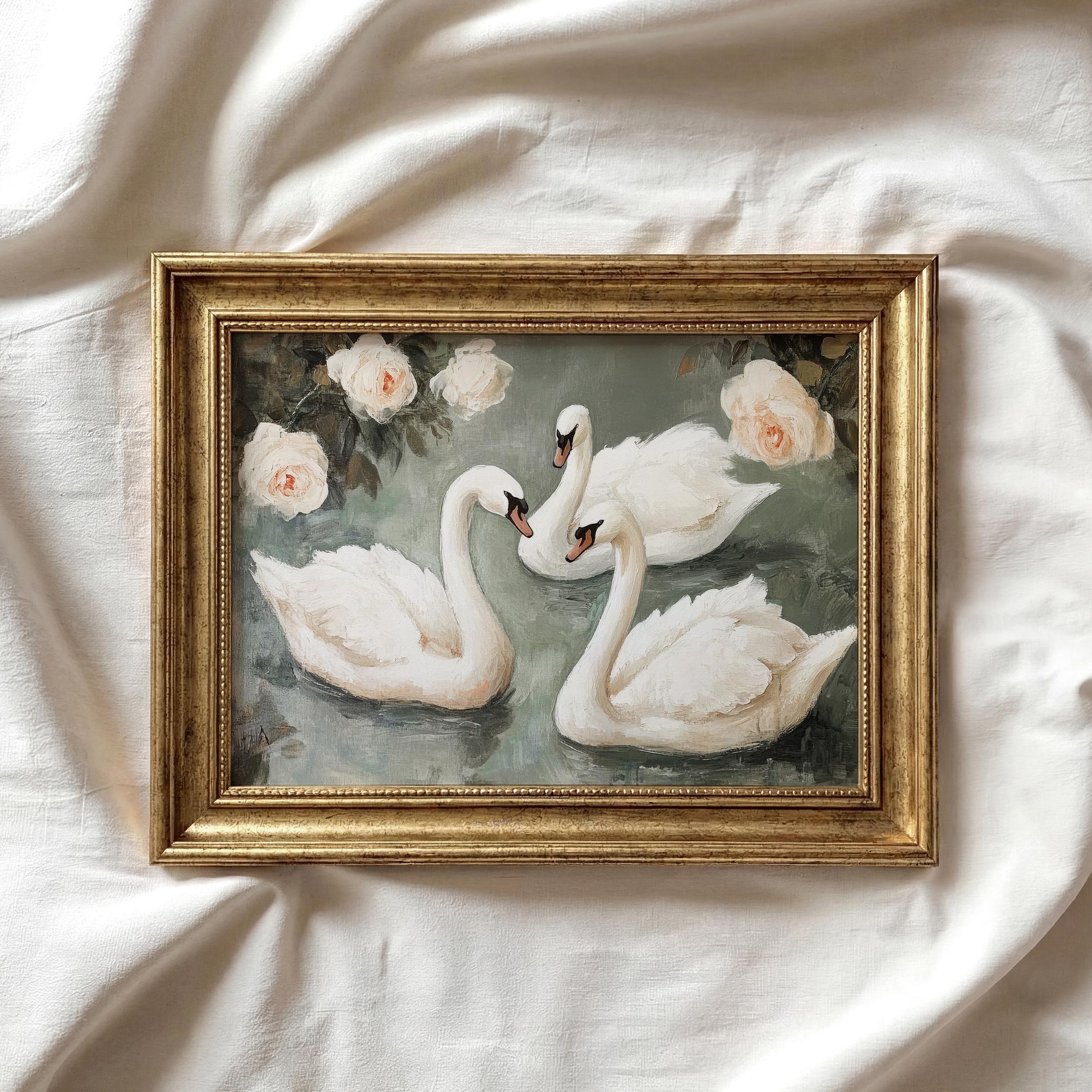 Sage Green Swan Print | White Swan Painting | Light Pastel Pink Floral ...