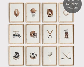 May include: A set of twelve framed wall art prints featuring watercolor illustrations of sports equipment including a football, basketball hoop, baseball glove, baseball, golf cart, football helmet, baseball bats, golf bag, ice skates, soccer ball, golf ball, and hockey sticks.
