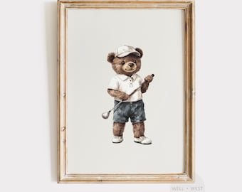 Golf Teddy Bear Print | Vintage Style Golf Watercolor | Boys Room Printable Art | Sports Office Decor | Nursery Art | Golf Lover Gift | P462