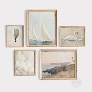 Vintage Nursery Set of Five | Neutral Tone Coastal Oil Painting | White Swan Art | Kids Room Decor | Antique Gallery Wall Prints | PS05