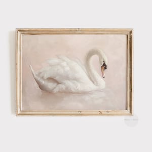 Zwaankunstafdruk | Zacht schilderij met witte zwaan | Lichtpastelroze kunst | Afdrukbare kunst in vintagestijl | Babykamerdecoratie meisjes | Koketdecoratie | P130
