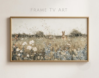 Rabbit Frame TV Art | Vintage Style Wildflower Field Painting | Spring Floral TV Art | Easter Bunny Screensaver | Digital Download | TV092