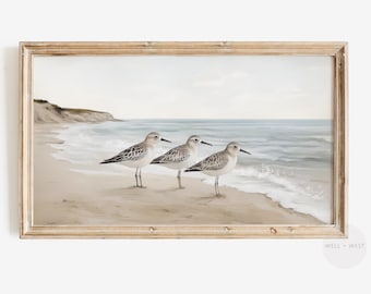 Illustration pour téléviseur avec cadre Samsung | Peinture d'oiseaux côtiers de style vintage | Décoration de plage d'été | Téléchargement d'illustrations télévisées de Lake House | Art bleu pastel | TV002