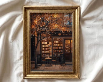 Autumn Coffee Shop Print | Moody Bookstore Art | Cozy Cafe Fall Printable Art | Thanksgiving Decor | Book Lover | Dark Aesthetic Art | P363