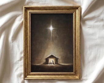 Vintage Style Christmas Manger Print: Christian Nativity Scene with Star of Bethlehem, Neutral Holiday Decor, Baby Jesus Wall Art