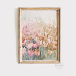 Könnte beinhalten: Ein gerahmtes abstraktes Gemälde, das ein Feld mit rosa und beigen Tulpen zeigt. Das Gemälde ist in einem lockeren, impressionistischen Stil gehalten, mit weichen Pinselstrichen und einem verträumten Gefühl.