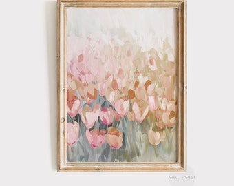 Impresión abstracta de flores de primavera / Arte imprimible en rosa pastel / Arte floral de campo para pared / Arte botánico imprimible / Impresión rosa para guardería / P044