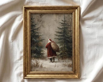 Santa Claus Print: Moody Vintage Style Holiday Painting, Nostalgic Classical Christmas, Snowy Forest Landscape, Printable Seasonal Wall Art