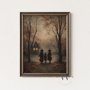 May include: Framed vintage-style artwork depicting three figures in witch hats walking on a path towards a house with lit windows. They carry jack-o'-lanterns. The scene is set in a misty forest with bare trees, evoking a Halloween theme.