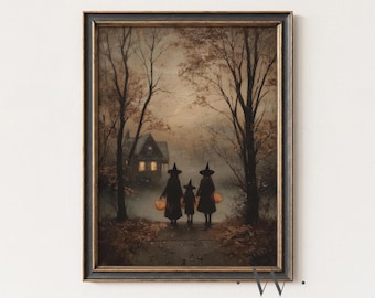 Halloween-heksenprint | Trick or Treat-schilderij | Afdrukbare herfstkunst | Donkere esthetische kunst | Heksendecor | Spookachtig spookhuis | P784