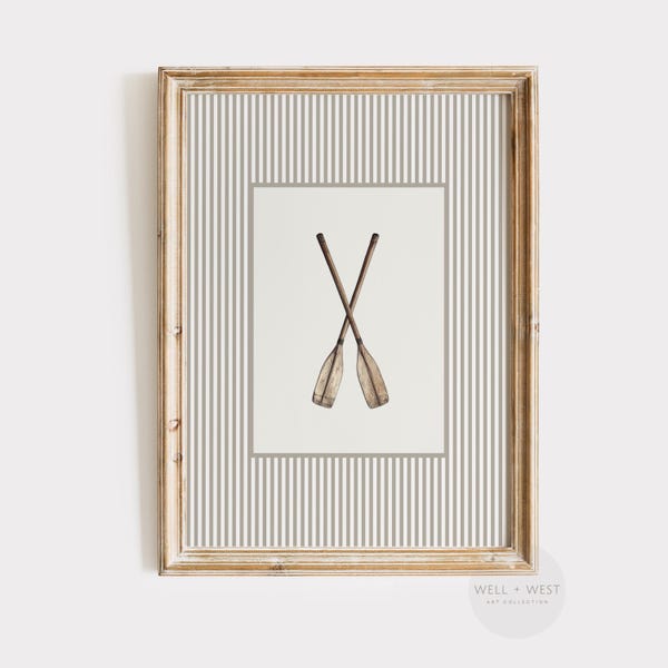 Rowing Oars Print | Vintage Style Striped Illustration | Neutral Coastal Decor | Printable Beach House Decor | Nautical Nursery Art | P664