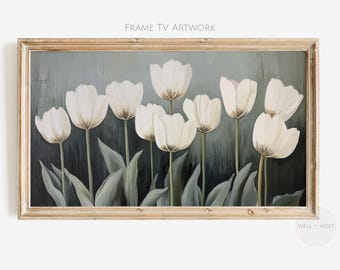Frühlingstulpen Bilderrahmen TV Art | Muted Wildblumen Malerei | Salbei Grün Floral TV Art | Ostern Bauernhaus Dekor | Stimmungsvoller Vintage-Stil | TV490