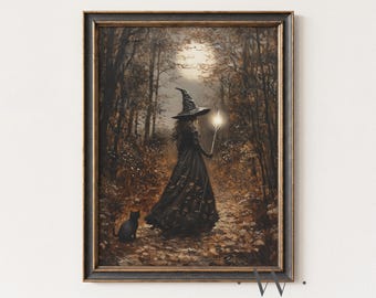 Witchy Printable Art | Spooky Witch Painting | Autumn Full Moon | Vintage Style Halloween Decor | Moody Fall Forest | Black Cat Art | P297