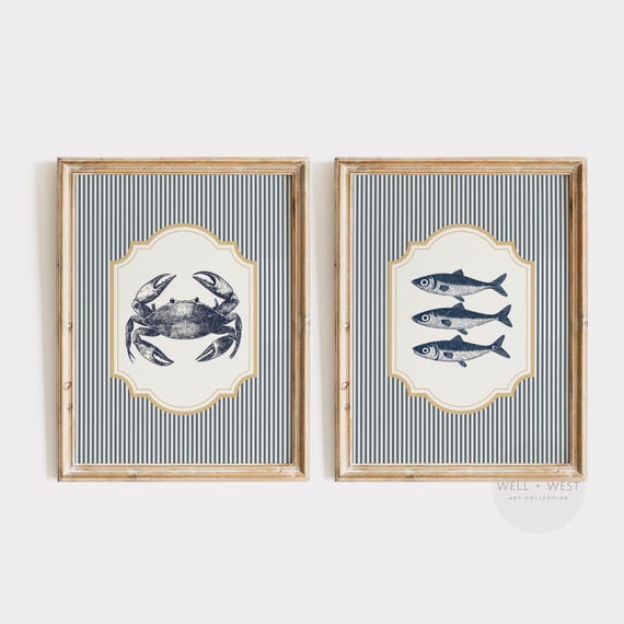 Kitchen Set of Two Prints | Sardine Striped Art  | Aesthetic Crab Wall Art | Vintage Style Coastal Printable Art | Beach House Decor | PS154