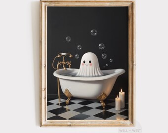 Halloween Wandkunst Poster | Geist & Schwarze Katze | Vintage Design | Verschiedene Größen & Rahmen