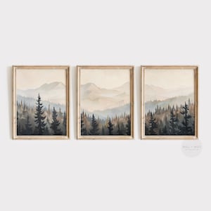 Mountain Print Set of Three | Vintage Landscape Triptych Art | Sunset Oil Painting | Farmhouse Decor | Woodland Forest Nursery Decor | PS03