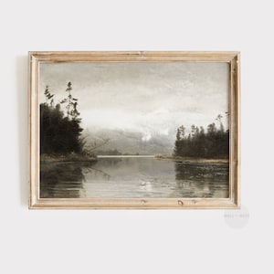 Vintage Fall Print | River Landscape Oil Painting | Moody Neutral Autumn Landscape | Printable Art | Rustic Forest Farmhouse Decor | P200