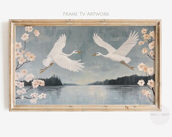 Spring Crane Frame TV Art | Vintage Style Bird Painting | Cherry Blossom Decor | Lake House TV Art Download | Muted Blue Art | TV513