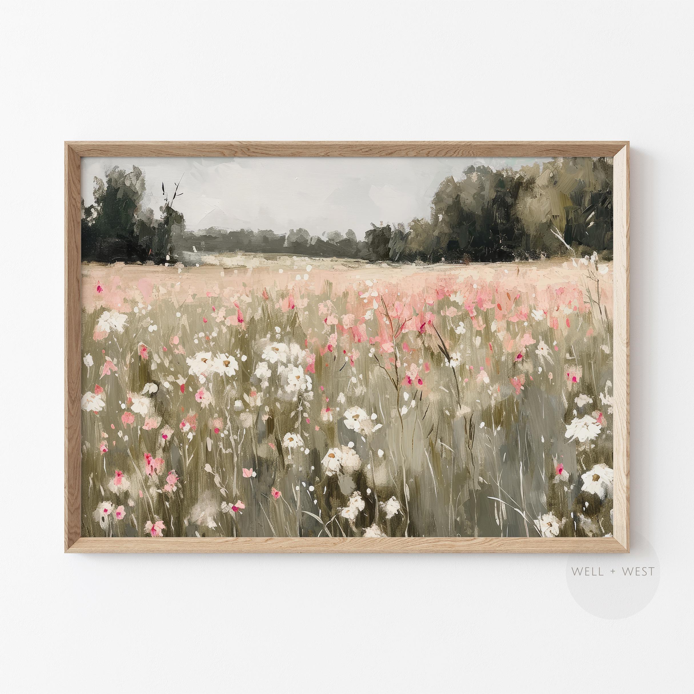 Pink Wildflower Print | Vintage Flower Field Abstract Painting | White ...